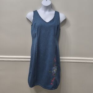 Robbie Bee Embroidered Sleeveless Floral Denim Dress Size 12 Cottage Core Y2K